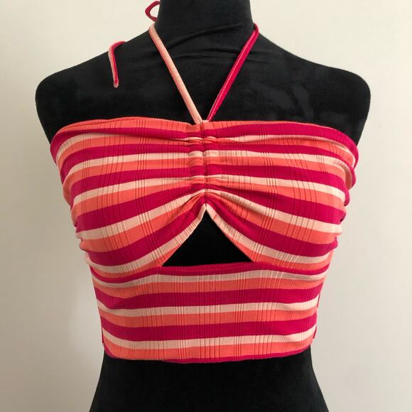 L*SPACE Paloma Top Small Striped Halter‎ Crop Top Red Pink Orange Cutout Detail - Picture 4 of 8